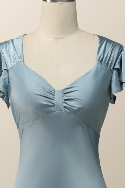 Flare Sleeves Blue Mermaid Long Bridesmaid Dress