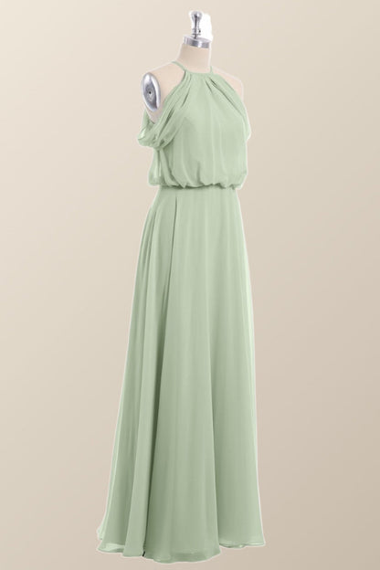 Cold Sleeve Sage Green Blouson Chiffon Long Bridesmaid Dress