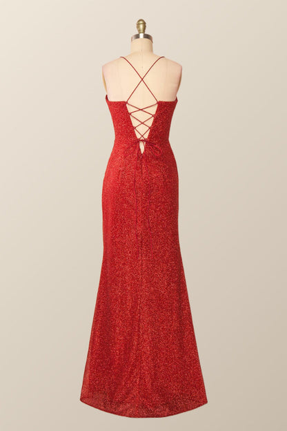 Fitted Red Cowl Neck Long Party Dress with Slit