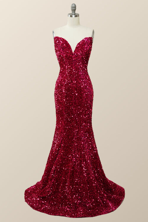 Fuchsia Sequin Strapless Mermaid Long Formal Dress