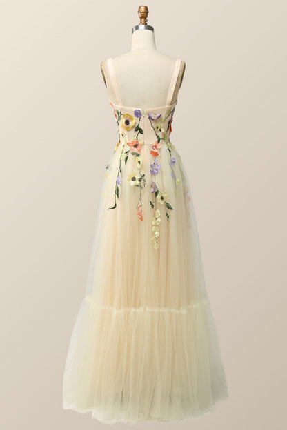 Champagne Tulle and Floral Embroidery Formal Gown