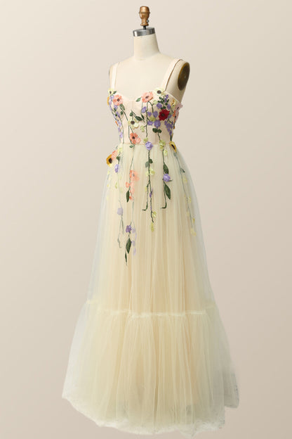 Champagne Tulle and Floral Embroidery Formal Gown