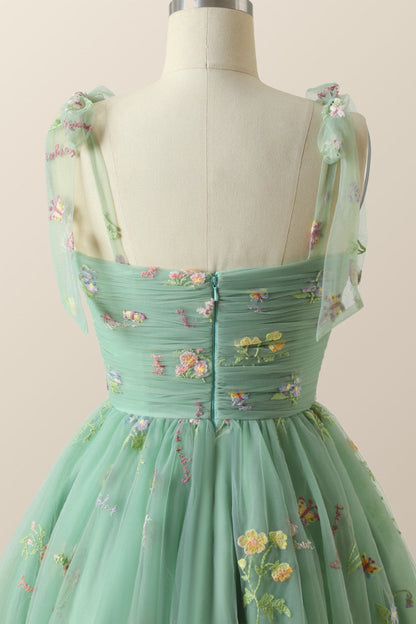 Green A-line Floral Embroidered Short Party Dress