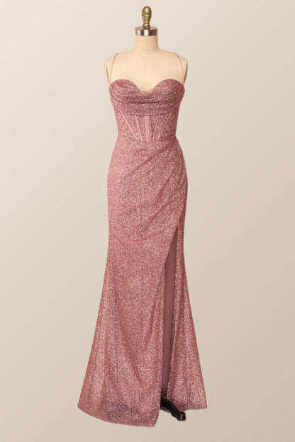 Fitted Red Cowl Neck Long Party Dress with Slit