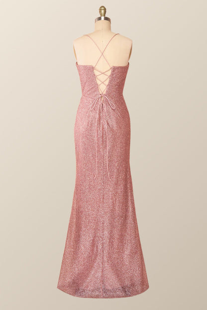 Fitted Red Cowl Neck Long Party Dress with Slit