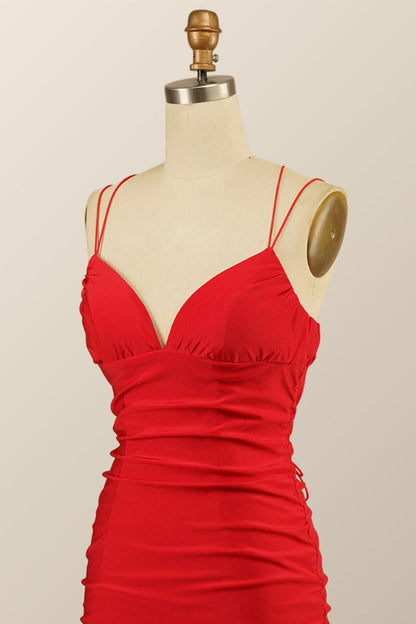 Double Straps Red Empire Red Tight Mini Dress