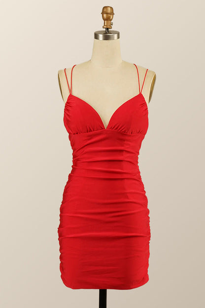 Double Straps Red Empire Red Tight Mini Dress