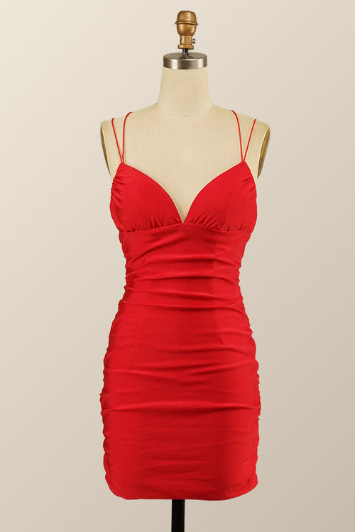 Double Straps Red Empire Red Tight Mini Dress