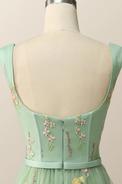 Green Embroidered A-line Midi Dress