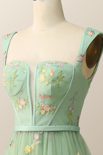Green Embroidered A-line Midi Dress