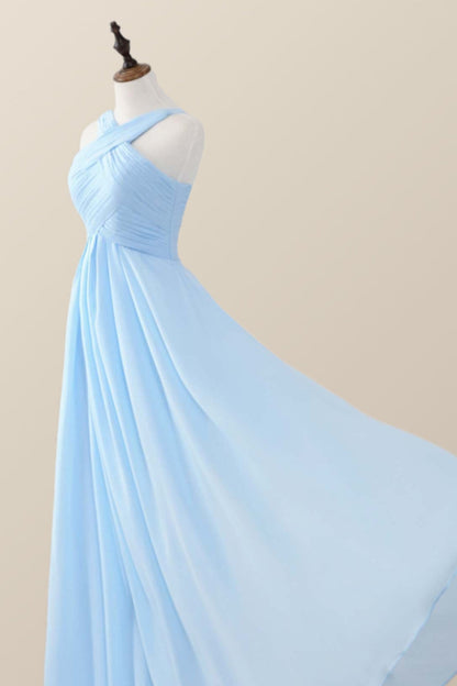 Cross Front Light Sky Blue Chiffon Long Bridesmaid Dress