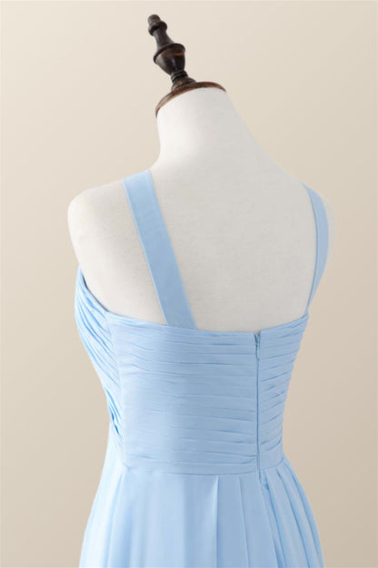 Cross Front Light Sky Blue Chiffon Long Bridesmaid Dress