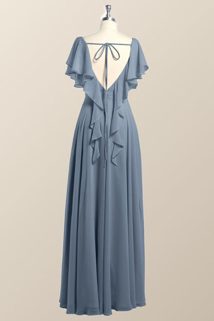 Flutter Sleeves Sage Green Chiffon A-line Long Bridesmaid Dress
