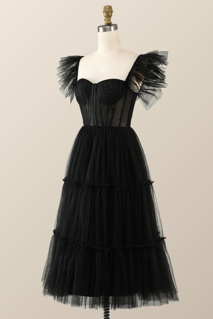 Flare Sleeves Black Corset Midi Dress