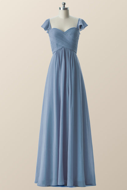 Flare Sleeves Misty Blue Pleated Long Bridesmaid Dress