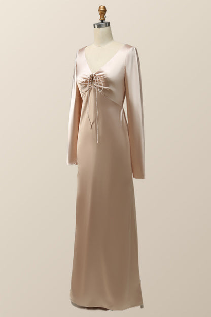 Champagne Long Sleeves Keyhole Bridesmaid Dress