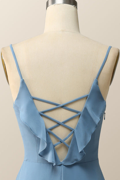 Blue Straps Ruffle Chiffon Long Bridesmaid Dress