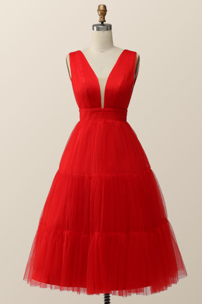 Empire Red Tulle A-line Midi Dress
