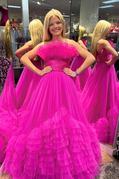 Fit and Flare Red Tulle Ruffles Long Formal Gown
