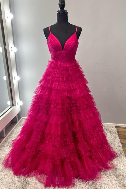 Champagne Tiered Ruffle Long Ball Gown with Straps