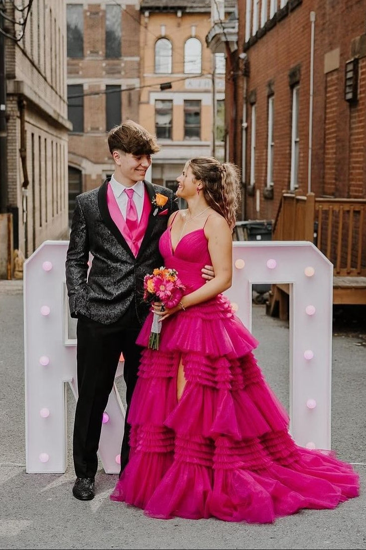 Light Blue Tiered Ruffle Long Ball Gown with Straps