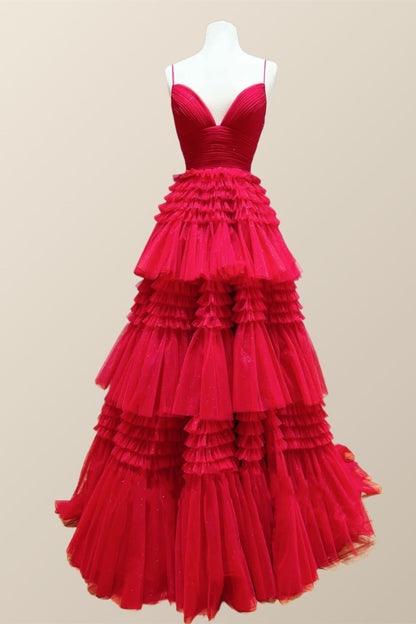 Champagne Tiered Ruffle Long Ball Gown with Straps