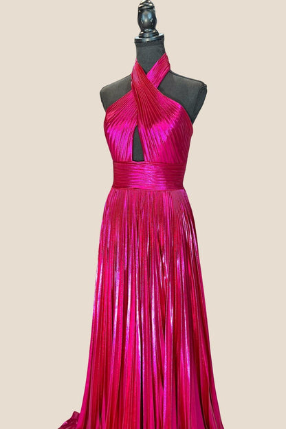 Cross Halter Blue Pleated Long Party Dress
