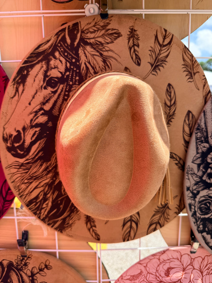 Horse and Feathers Engraved Wide Brim Hat