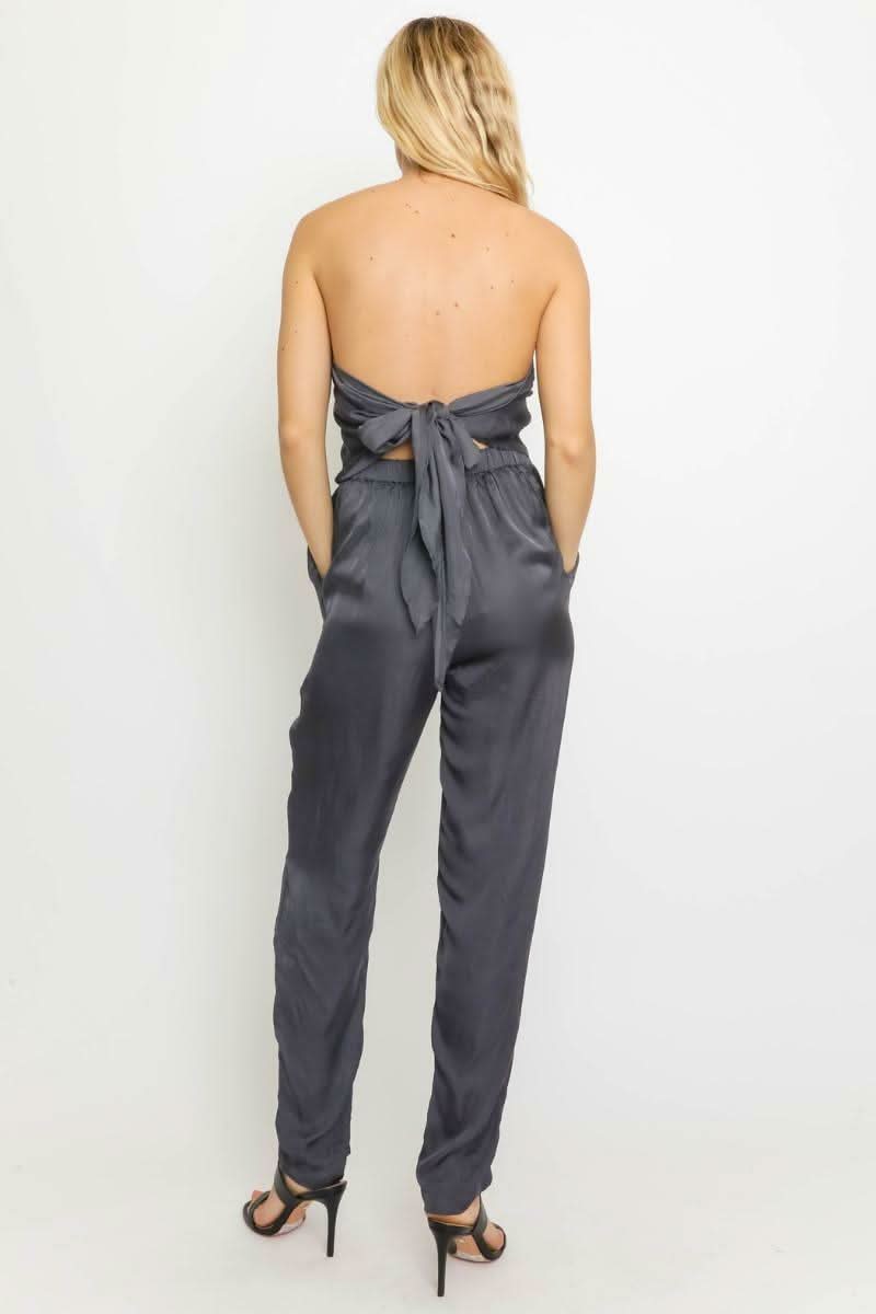 City Nights Charcoal Grey Satin Strapless Jumpsuit