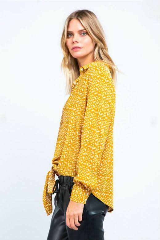 Blake Mustard Print Tie-Front Button-Up Top