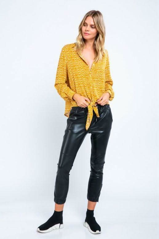 Blake Mustard Print Tie-Front Button-Up Top