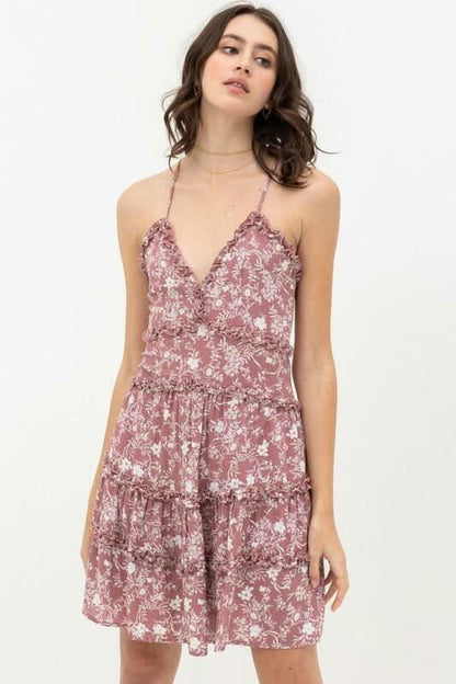 Gina Mauve and White Floral Ruffle Mini Dress