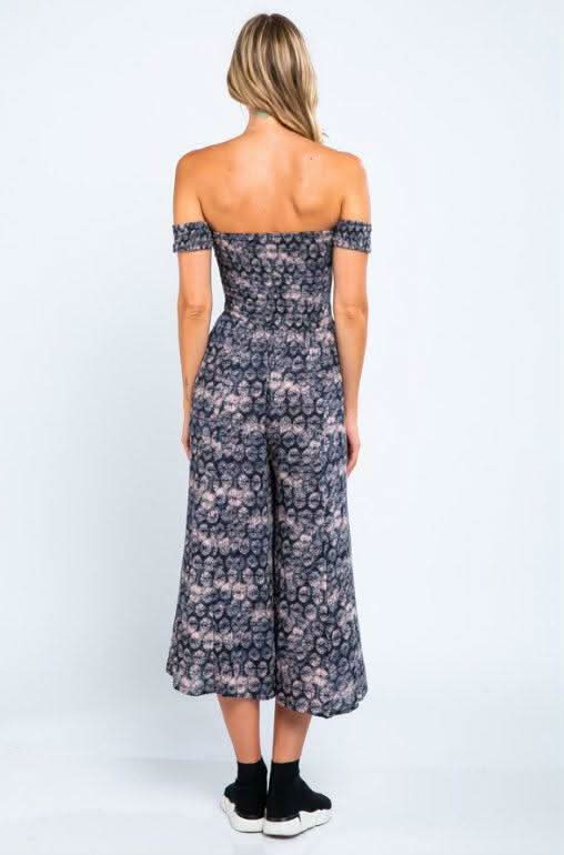 Allison Off-the-Shoulder Navy and Blush Print Jumpsuit