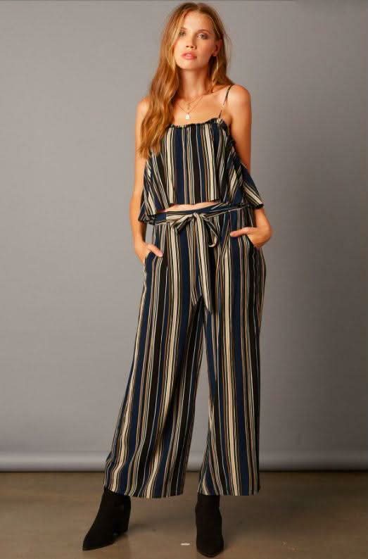 Aretti Navy Striped Flounce Top Two-Piece Jumpsuit