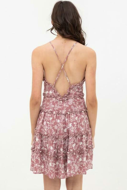 Gina Mauve and White Floral Ruffle Mini Dress