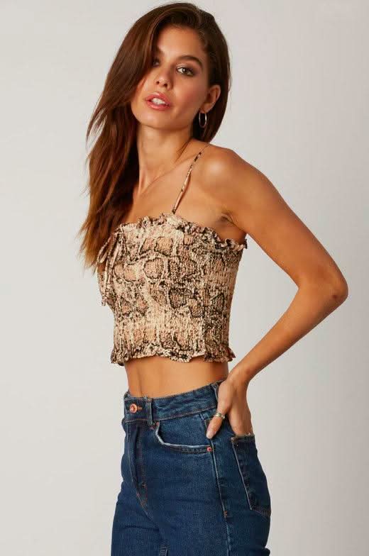 Always Remember Tan Snake Print Smocked Crop Top
