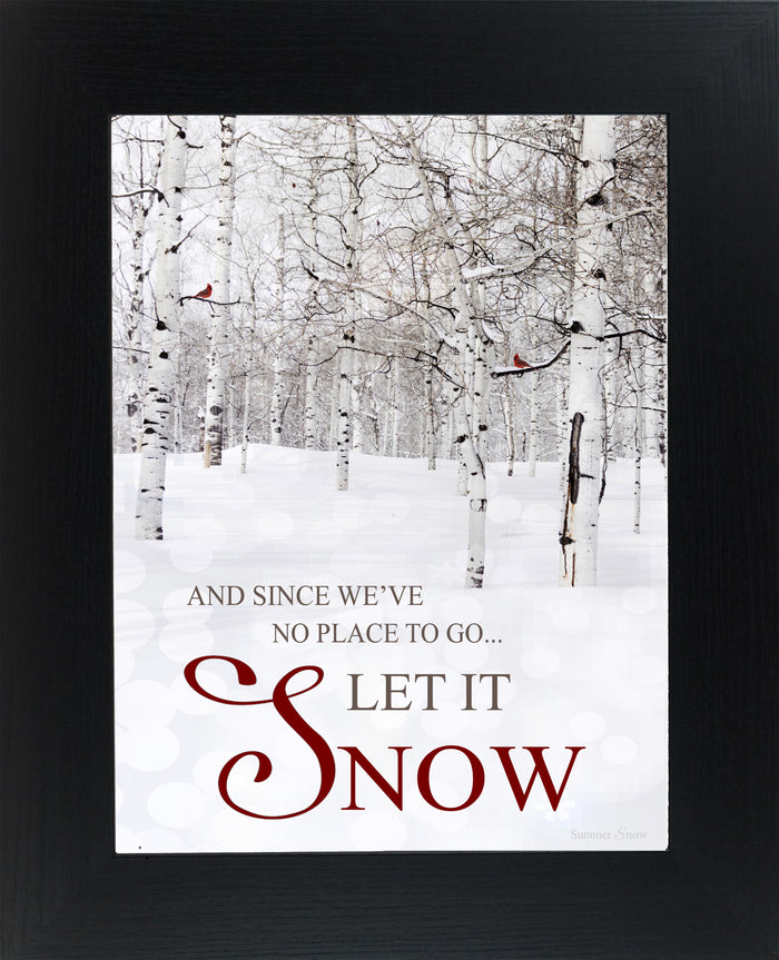 Framed winter wall art with birch trees, snow-covered ground, and red cardinals sitting in trees with “Let It Snow” quote