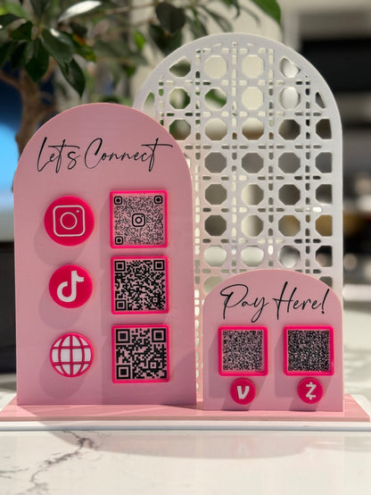 Let’s Get Social QR Code Sign + Pay Here Display Set | Custom Social Media & Payment QR Stand | Acrylic Business Sign