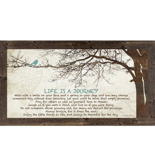 Inspirational framed wall art featuring the quote “Life is a Journey” with a brown tree illustration and blue bird on a textured neutral background, handcrafted decor