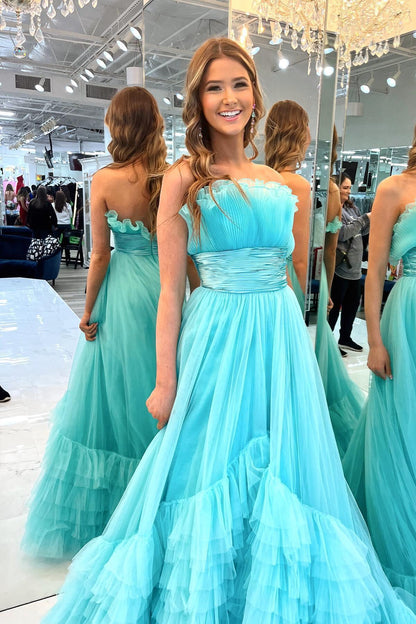 Fit and Flare Red Tulle Ruffles Long Formal Gown
