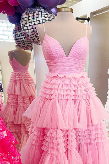 Champagne Tiered Ruffle Long Ball Gown with Straps
