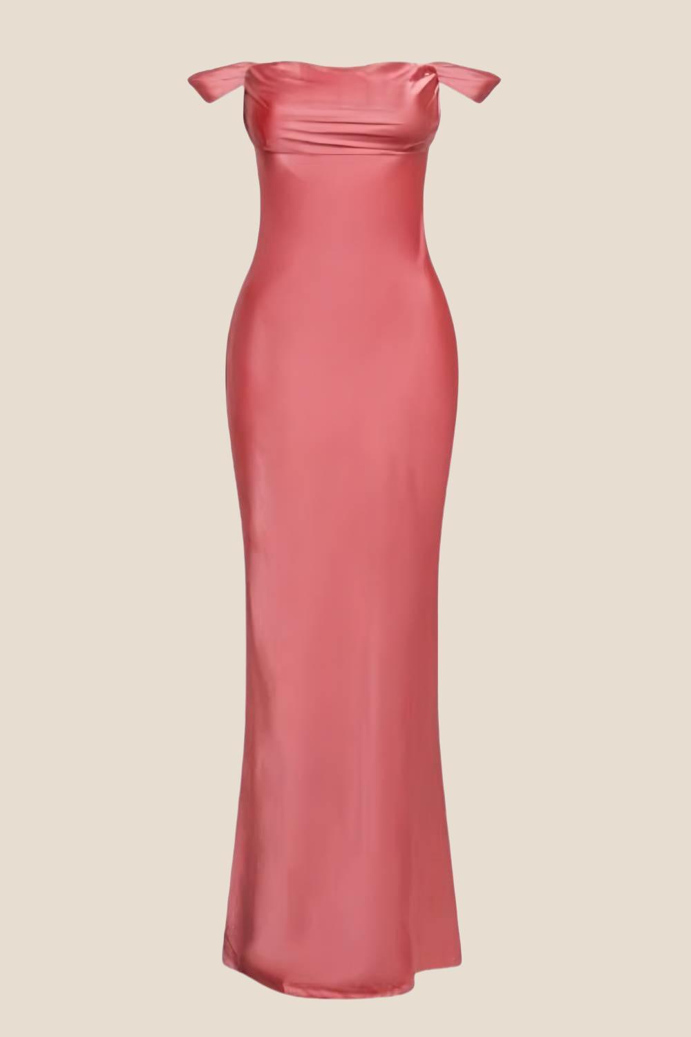 Off the Shoulder Orange Soft Satin Fitted Dress