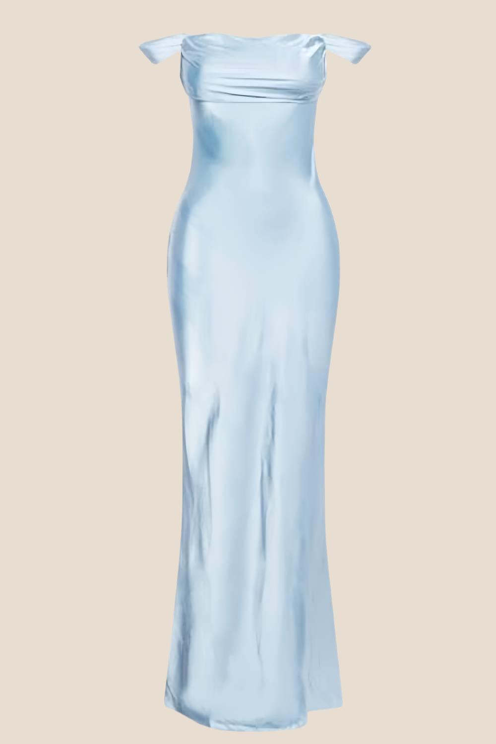 Off the Shoulder Navy Soft Satin Fitted Dress