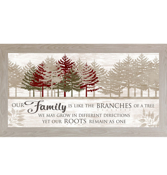 Framed family wall art with the quote “Our family is like the branches of a tree,” featuring layered woodland trees in warm neutral tones on a wood grain background.