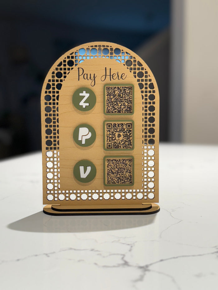 Pay here 3 QR Code Business Social Media Sign, wood, acrylic 7 x 5 inches with base