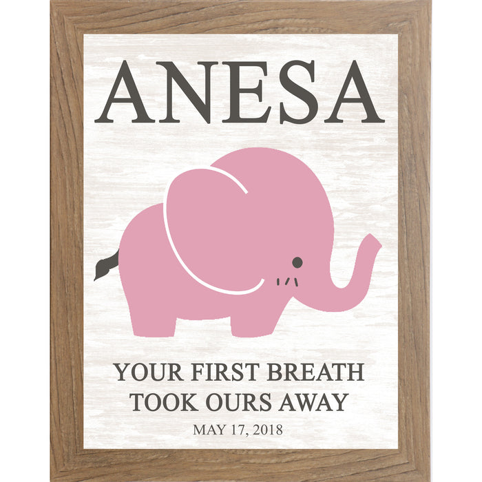 Farmtable framed personalized pink elephant nursery wall art with bold baby name at top and the words Your First Breath Took Ours Away with birth date on soft white shiplap background — PER149
