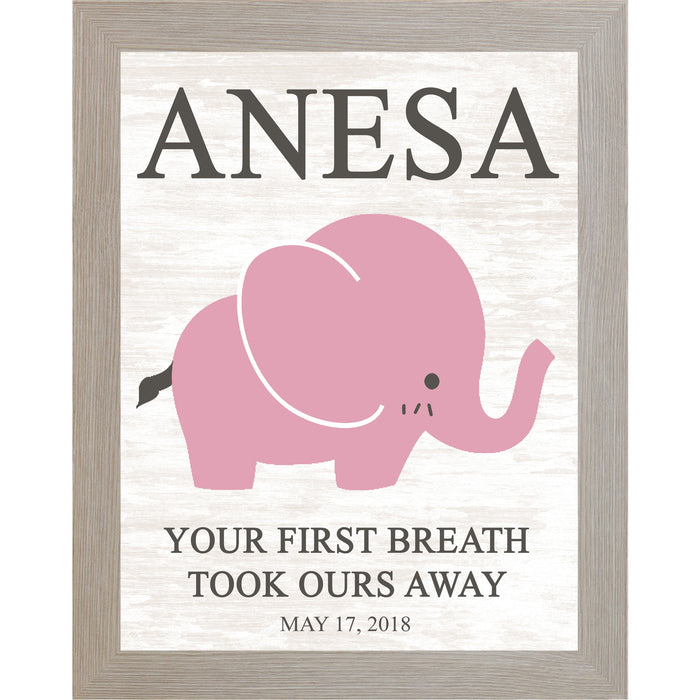 Monte Carlo framed personalized pink elephant nursery wall art with bold baby name at top and the words Your First Breath Took Ours Away with birth date on soft white shiplap background — PER149