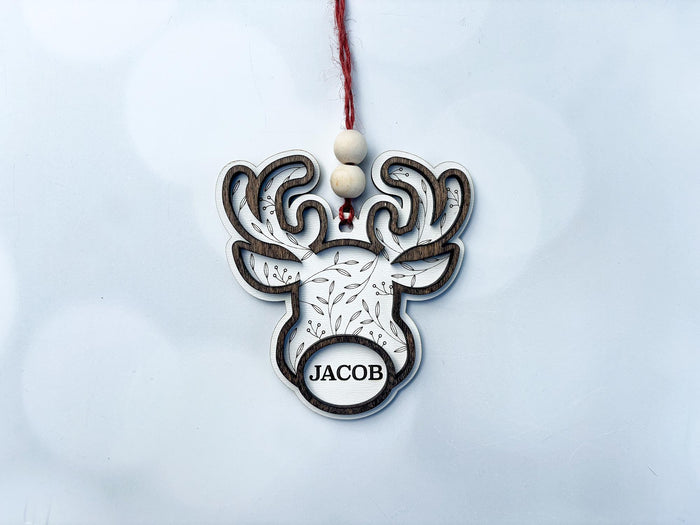 Personalized Reindeer wooden Ornament – “Oh Deer Christmas Is Here” Custom Name Reindeer Head