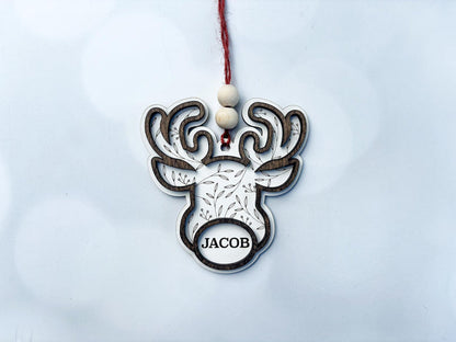 Personalized Reindeer wooden Ornament – “Oh Deer Christmas Is Here” Custom Name Reindeer Head
