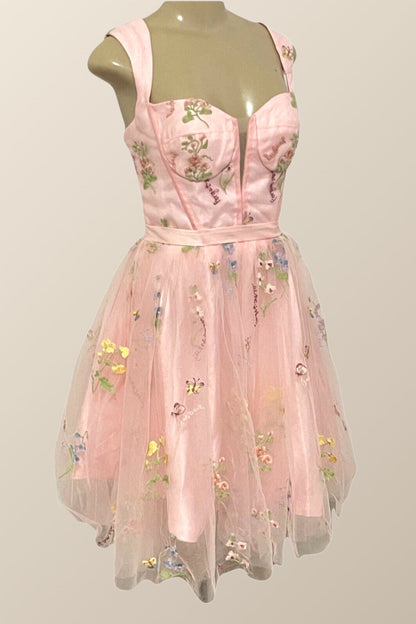 Cap Sleeves Pink Floral Short Prom Dress